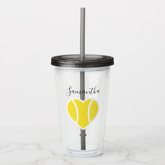 Tennis Love Yellow Ball Heart Sports Personalised Acrylic Tumbler (Front)