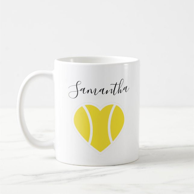 Tennis Love Yellow Ball Heart Sports Personalised Coffee Mug (Left)
