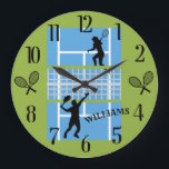 Tennis Lover Court Players  Large Clock<br><div class="desc">As fun as it gets for the tennis lover -- the game is in action; players on the court, and rackets for two of the numbers. Add the family name and you are set for the match! Click personalise template option and follow the prompts to add your information -- or...</div>