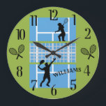 Tennis Lover Court Players  Large Clock<br><div class="desc">As fun as it gets for the tennis lover -- the game is in action; players on the court, and rackets for two of the numbers. Add the family name and you are set for the match! Click personalise template option and follow the prompts to add your information -- or...</div>
