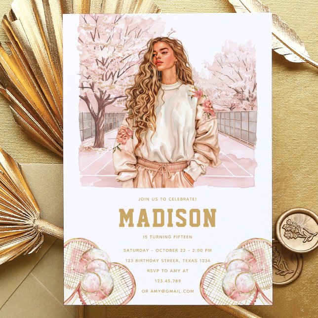Tennis Luxury Teen Girl Birthday Pink Gold  Invitation (Creator Uploaded)