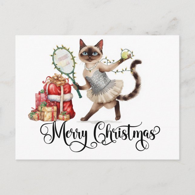 Tennis Merry Christmas for Cat lovers Holiday Postcard (Front)