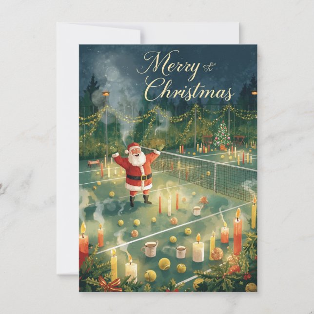 Tennis  Merry Christmas  Santa Claus in the court Holiday Card (Front)