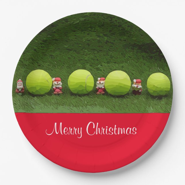 Tennis Merry Christmas with ball and Santa Claus Paper Plate (Front)