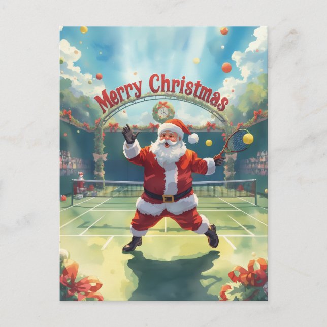 Tennis  Merry Christmas with Santa Claus Holiday Postcard (Front)
