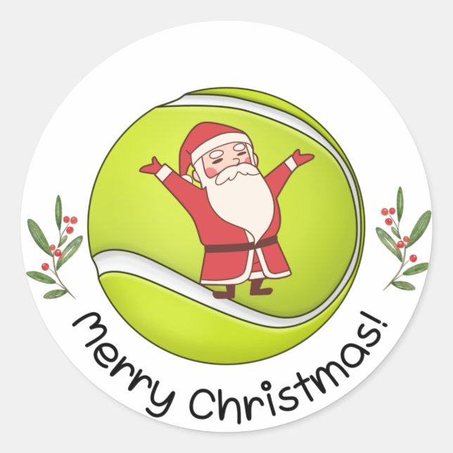 Tennis Merry Christmas with Santa Claus on Ball Classic Round Sticker (Front)