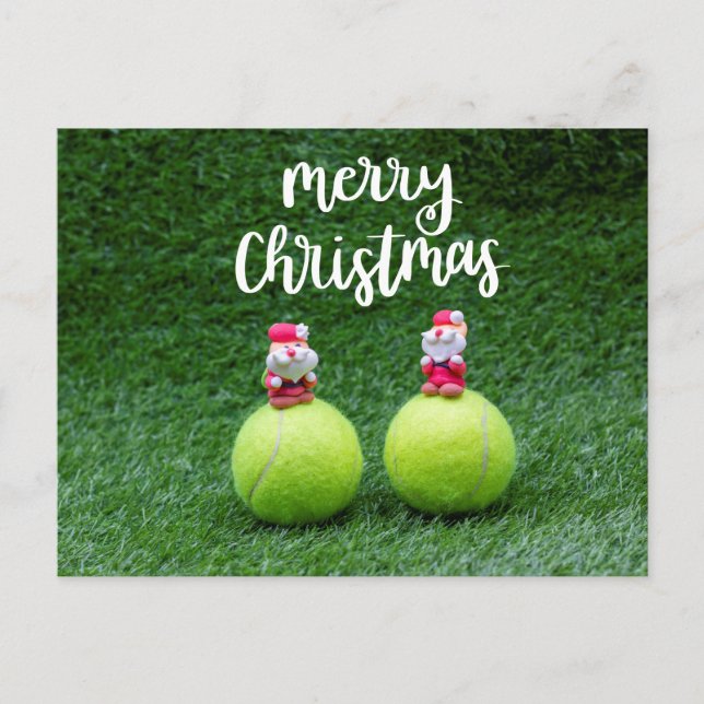 Tennis Merry Christmas with Santa Claus on green Postcard (Front)