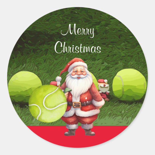 Tennis Merry Christmas with tennis ball and Santa Classic Round Sticker (Front)