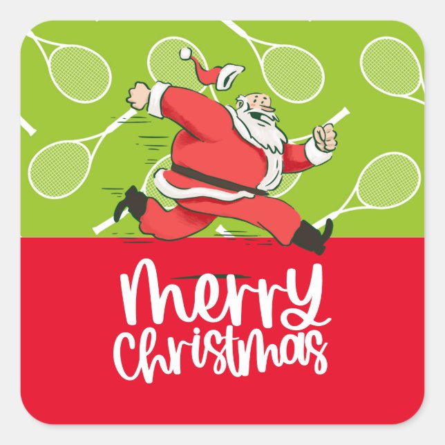 Tennis Merry Christmas with tennis ball and Santa Square Sticker (Front)