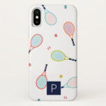 Tennis Monogram Sports Blue Green Custom iPhone X Case<br><div class="desc">This fun tennis racquet and ball pattern in navy,  teal,  pink,  coral,  orange and green is perfect for the athlete,  coach or player in your life. Personalise with the monogram of your choice.</div>