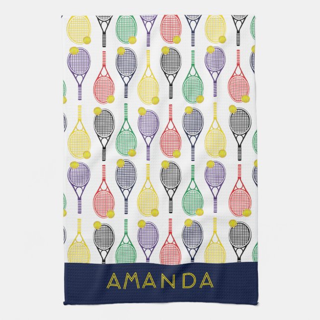 Tennis Multi-Coloured Personalised Name or Monogra Tea Towel (Vertical)