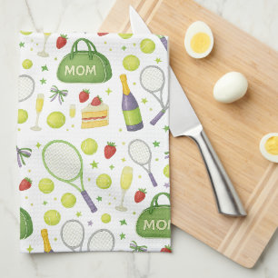 Tennis Mum with racket and Balls and strawberries Tea Towel