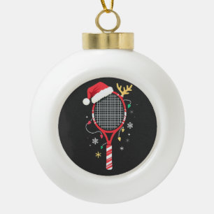 Tennis Paddle with Santa Hat and Christmas Lights Ceramic Ball Christmas Ornament