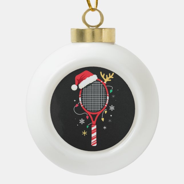 Tennis Paddle with Santa Hat and Christmas Lights Ceramic Ball Christmas Ornament (Front)
