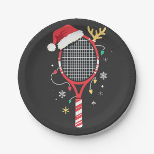 Tennis Paddle with Santa Hat and Christmas Lights Paper Plate