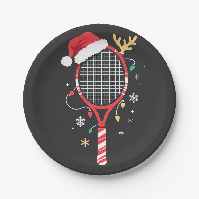 Tennis Paddle with Santa Hat and Christmas Lights Paper Plate (Front)