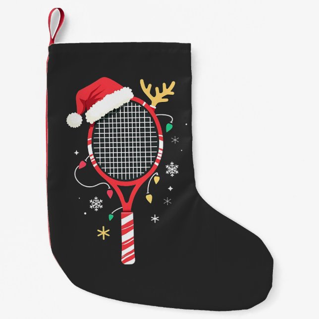 Tennis Paddle with Santa Hat and Christmas Lights Small Christmas Stocking (Front)