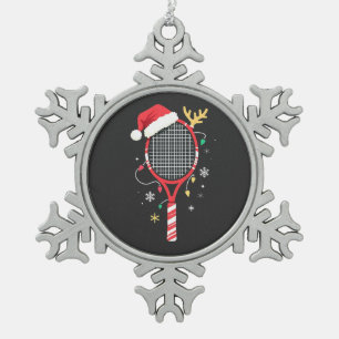 Tennis Paddle with Santa Hat and Christmas Lights Snowflake Pewter Christmas Ornament