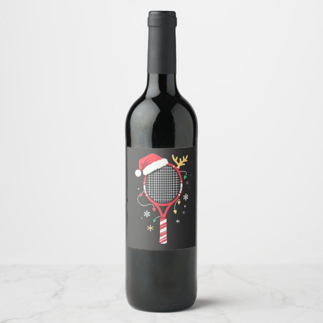Tennis Paddle with Santa Hat and Christmas Lights Wine Label (Front)