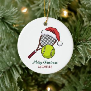 Tennis Paddle with Santa Hat Custom Christmas Ceramic Tree Decoration