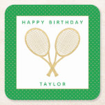 Tennis Party Chic Gold and Green Custom Square Paper Coaster<br><div class="desc">Celebrate the tennis player or tennis fan in your life with these personalised party coasters featuring gold tennis racquets. Text is customisable. Part of a collection from Parcel Studios. *Note: The gold in this product is simulated. No actual gold foil will be used in the manufacture of this product.</div>