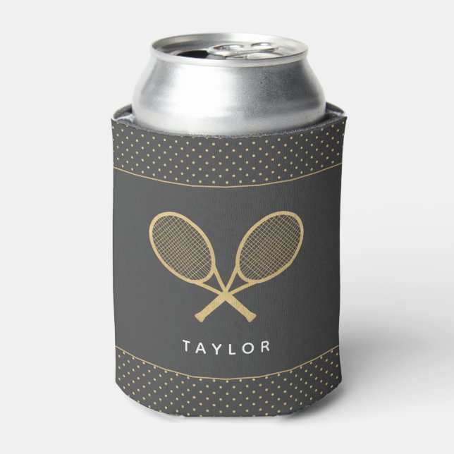 Tennis Party Chic Gold and Grey Custom Can Cooler (Can Front)