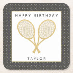 Tennis Party Chic Gold and Grey Custom Square Paper Coaster<br><div class="desc">Celebrate the tennis player or tennis fan in your life with these personalised party coasters featuring gold tennis racquets. Text is customisable. Part of a collection from Parcel Studios. *Note: The gold in this product is simulated. No actual gold foil will be used in the manufacture of this product.</div>