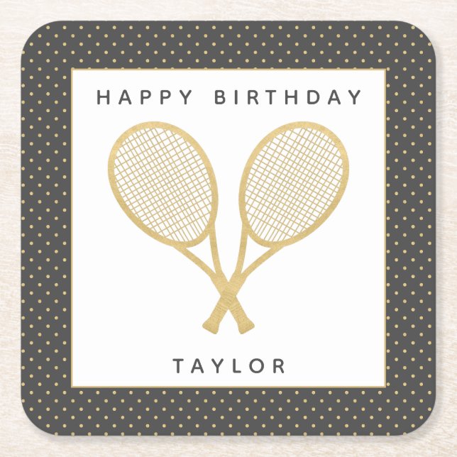 Tennis Party Chic Gold and Grey Custom Square Paper Coaster (Front)