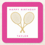 Tennis Party Chic Gold and Pink Custom Square Paper Coaster<br><div class="desc">Celebrate the tennis player or tennis fan in your life with these personalised party coasters featuring gold tennis racquets. Text is customisable. Part of a collection from Parcel Studios. *Note: The gold in this product is simulated. No actual gold foil will be used in the manufacture of this product.</div>