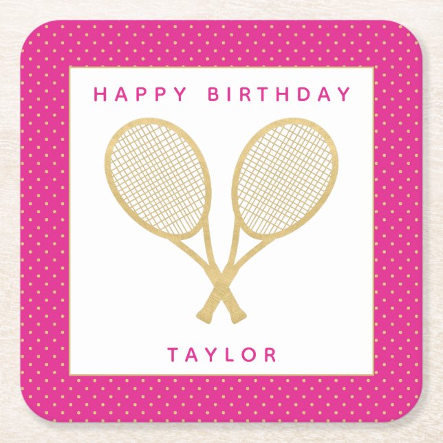 Tennis Party Chic Gold and Pink Custom Square Paper Coaster (Front)