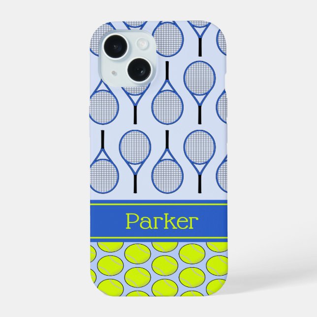 Tennis pattern custom name blue iPhone 15 case (Back)