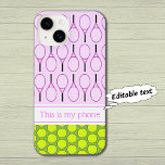 Tennis pattern custom name pink green Case-Mate iPhone 14 case<br><div class="desc">Tennis balls create a bright polka dot pattern,  and there is a further pattern of pink tennis rackets on a pale pink background. A white stripe gives space for you to personalise with a name or other text  (in pink to match the rackets).</div>