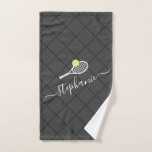 Tennis Personalised Elegant Script Name  Hand Towel<br><div class="desc">Grey personalised tennis design kitchen towel with a monogram,  name,  or custom text features a simple,  modern,  and elegant calligraphy font with a tennis racket and tennis ball icon and a faded net pattern background.</div>