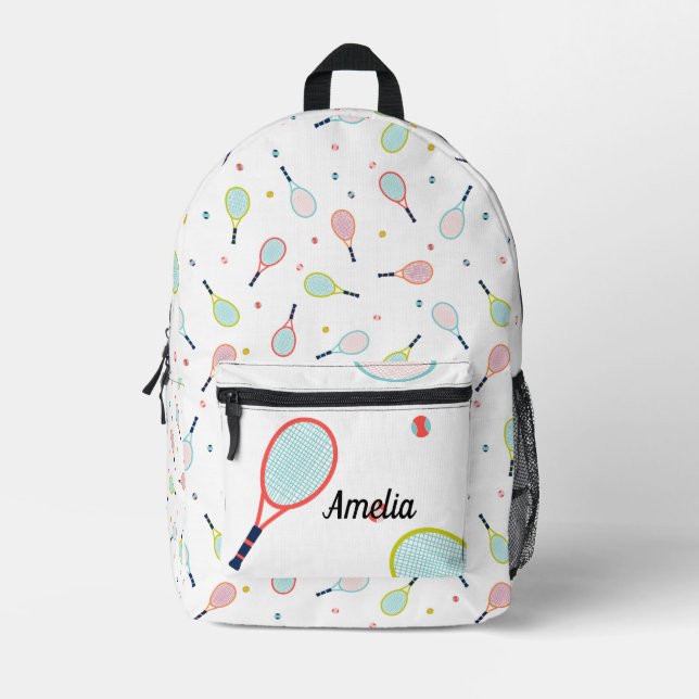 Tennis Personalised Name Pink Green Blue Custom Printed Backpack (Front)