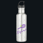 Tennis Personalised Name Purple 710 Ml Water Bottle<br><div class="desc">Purple and silver stainless steel personalised black stainless steel water bottle with a tennis racket monogram in an elegant and cute calligraphy script font with a subtle net pattern background.</div>