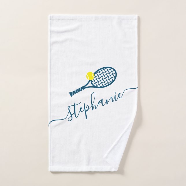 Tennis Personalised Name Script Monogram Blue Hand Towel (Hand Towel)