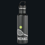 Tennis Personalised Name White Black  710 Ml Water Bottle<br><div class="desc">Personalised black and white custom tennis water bottle with a simple tennis racket graphic and custom name or text in a retro sports monogram font. Great gift for men,  women,  teen,  or kids tennis player with a classic sporty look and modern design on a useful tennis themed gift.</div>