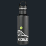 Tennis Personalised Name White Black  710 Ml Water Bottle<br><div class="desc">Personalised black and white custom tennis water bottle with a simple tennis racket graphic and custom name or text in a retro sports monogram font. Great gift for men,  women,  teen,  or kids tennis player with a classic sporty look and modern design on a useful tennis themed gift.</div>