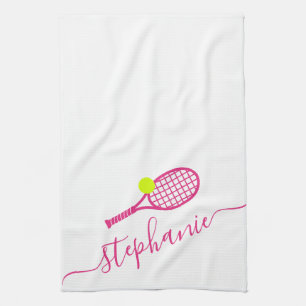 Tennis Personalised Pink Script Name Tea Towel