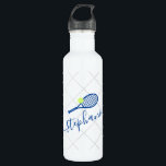 Tennis Personalised Script Blue Name  710 Ml Water Bottle<br><div class="desc">Royal navy blue and white personalised stainless steel water bottle with a tennis racket monogram in an elegant and cute calligraphy script font with a subtle net pattern background.</div>