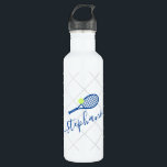 Tennis Personalised Script Blue Name  710 Ml Water Bottle<br><div class="desc">Royal navy blue and white personalised stainless steel water bottle with a tennis racket monogram in an elegant and cute calligraphy script font with a subtle net pattern background.</div>