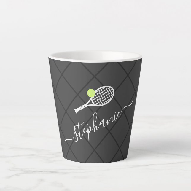 Tennis Personalised Script Name Monogram Latte Mug (Front)