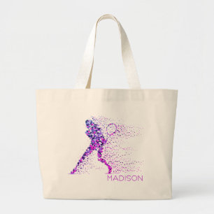 Tennis Pink Pixels Personalised Name Large Tote Bag