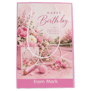 Tennis Pink Themed  Happy Birthday Woman Player    Medium Gift Bag