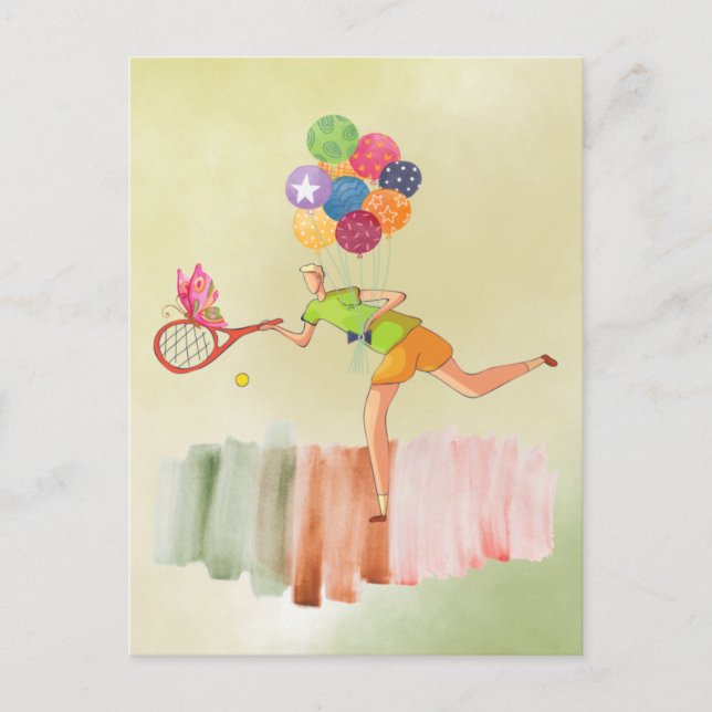 Tennis player and balloon for birthday watercolor postcard (Front)
