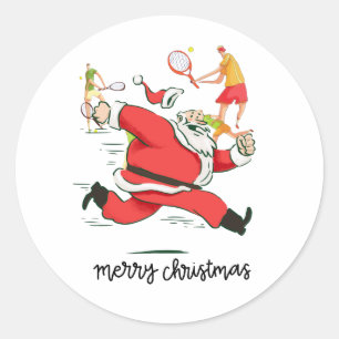 Tennis Player behind Santa Claus for Christmas Classic Round Sticker