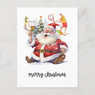 Tennis Player behind Santa Claus for Christmas Holiday Postcard