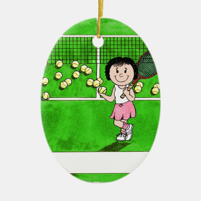 Tennis Player, Female - Personalised Cartoon Gift Ceramic Tree Decoration (Front)