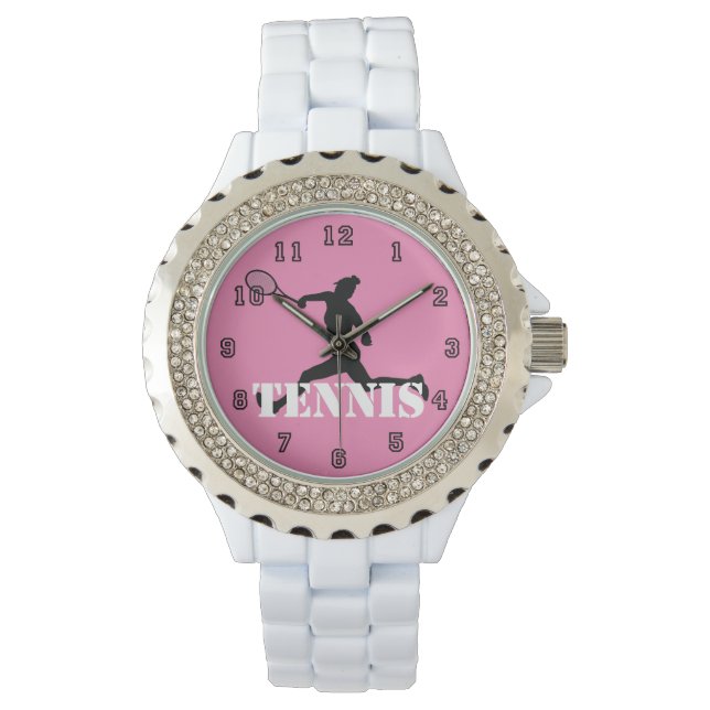 Tennis Player Girl Silhouette Pink, Black, White Watch (Front)