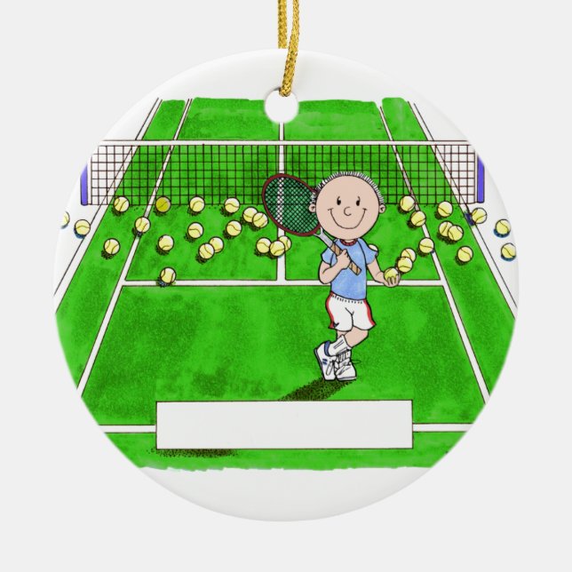 Tennis Player, Male - Personalised Cartoon Ceramic Tree Decoration (Front)